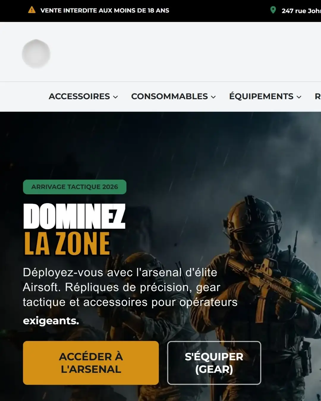 Page d’accueil de l’e-commerce spécialisé dans l’airsoft